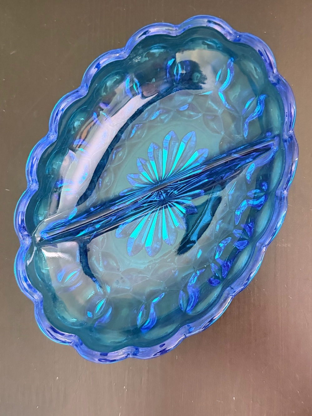 1960s Fairfield Laser Blue Oval Divided Relish Dish By Anchor Hocking